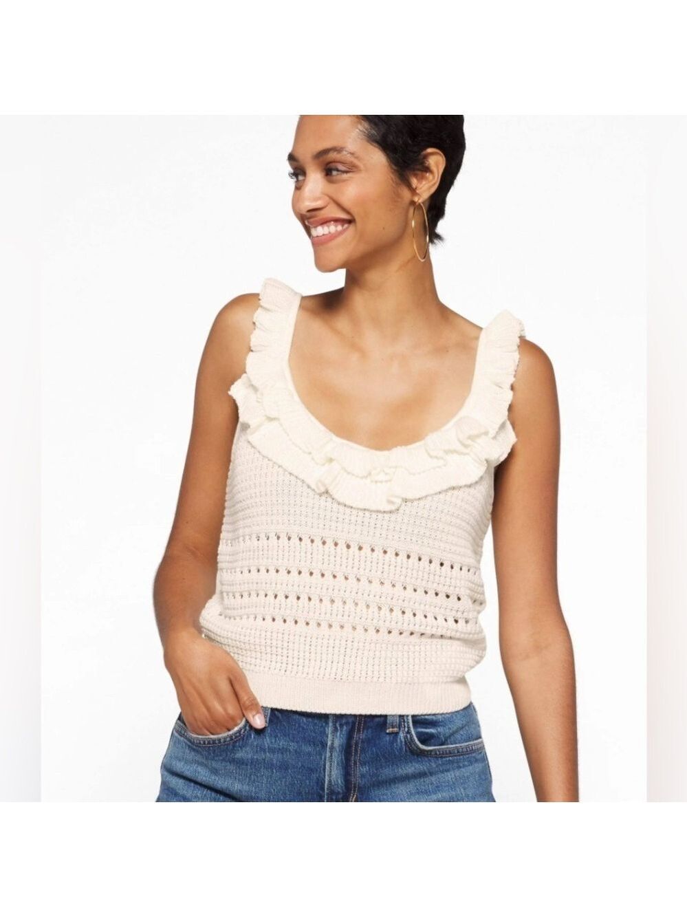 7 FOR ALL MANKIND Crochet Ruffle Tank Top Coastal, Feminine, sz small